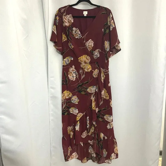 A New Day Womens Burgundy Floral Wrap High-Low Ruffle Midi Dress Large L Garden - Picture 2 of 16